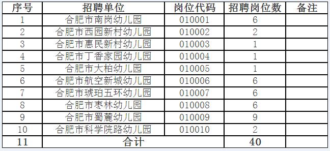 合肥市蜀山区2017年公开招聘幼儿园教师岗位表